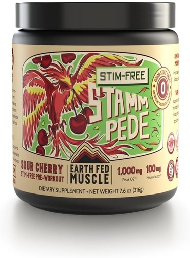 [BRSROCDYOIGRUETK] Earth Fed Muscle Stammpede Sour Cherry Pre Workout Powder for Men & Women, Pre Workout No Caffeine, Vegan & Gluten Free, Boosts Focus & Endurance, Lion’s Mane, Taurine, Peak O2, 30 Servings