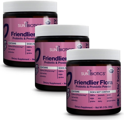 [BRSROYI5AAGREAL7] SUNBIOTICS Friendlier Flora - Kids Prebiotic and Probiotic Powder Supplement with 5 Billion CFUs of 5 Probiotic Strains for Good Gut Flora, Immune System, & Balanced Microbiome - Berry, (Pack of 3)