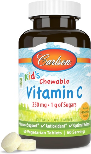 [BRSWECQ2OEIQEHQ3] Carlson - Kid's Chewable vitamin C, 250 mg, 1 g sukker, immun støtte og optimal velvære, antioksidant, Tangerine, 60 vegetariske tabletter