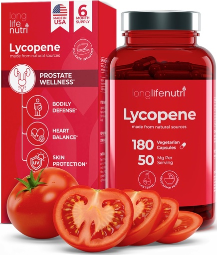 [BRSWY2YPCEFWYEIV] Lycopene 50mg 180 Vegetarian Capsules | Supplement Health | Natural Tomato Extract Non-GMO | Pure Powder