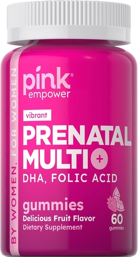 [BRSWYZT7OQBAKADJ] PINK Prenatal Vitamins | 60 Gummies with DHA and Folic Acid | Non-GMO & Gluten Free Multivitamin | Fruit Flavor
