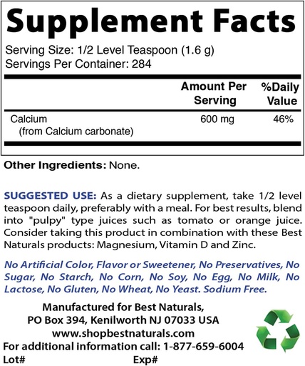 [BRSRMBT4BACQYCIZ] Calcium Carbonate Powder 1 Pound & Magnesium Glycinate 425 mg