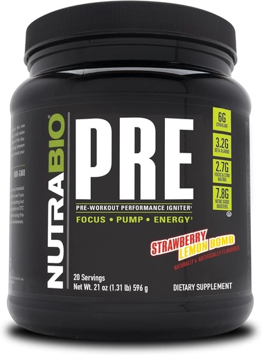 [BRSWGAQ7OZYR6DT7] Nutrabio Pre Workout Powder - Gamle formler - Vedvarende energi, Mental Focus, Endurance - Beta Alanine, Creatin, Koffein, Elektrolyter - 20 Servering - Jordbær Lemon Bomb