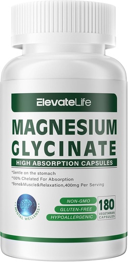 [BRSRAZYBDEPR4DTG] Magnesium Glycinate 400 MG per Serving 100% Chelated for High Absorption, Gentle On Stomach, Non-GMO, 180 Vegetarian Capsules