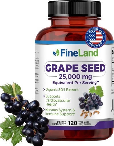 [BRSRAGACOF5BSEIY] FineLand Grape Seed extract 50:1 - 25.000mg kapsula bakoitzeko baliokide - 120 Vegan kapsulak - Antioxidatzaileetan aberatsa | Bihotza, Inmunitate eta Zirkulazio euskarria - Ez-GMO | Estatu Batuetan egina