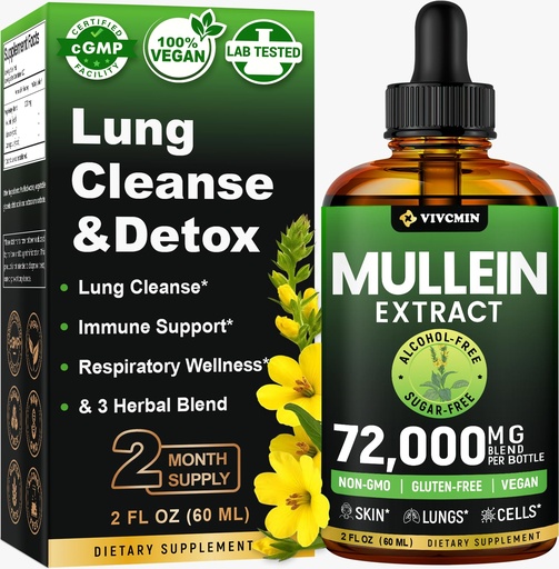 [BRSRA237OVYG2CLB] vivcmin Mullein Drops for Lungs with Licorice & Astragalus, Respiratory & Immune Support, Lung Detox for Smokers Tincture, Mullein Leaf Extract for Lung Cleanse, Sugar & Alcohol-Free, 2 fl oz