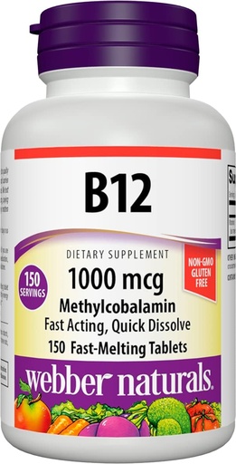 [BRSW2EALCMHQGHL7] Webber Naturals Vitamina B12 1000 mcg, 150 Conde, Tablas de Dissolver Rápido, Suplemento de Vitamina Apoyo para el Metabolismo Energético, Inmune y Salud del Corazón, Fórmula Vegetariana, 150 Day Supply