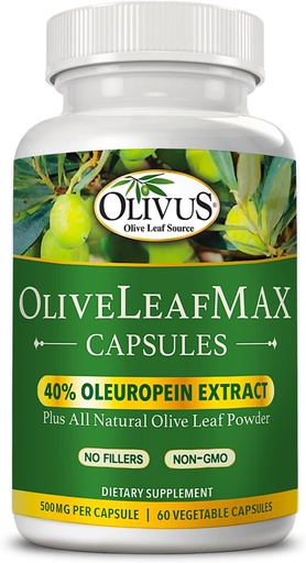 [BRSWIGAFBV6RUD3I] OliveLeafMAX Olive Leaf Extract (40% Oleuroepin) + Pólvora Orgánica de Oliva + No Filleres + 60 cápsulas vegetarianas + Fuente de España y Fabricado en EE.UU. en GMP Facility