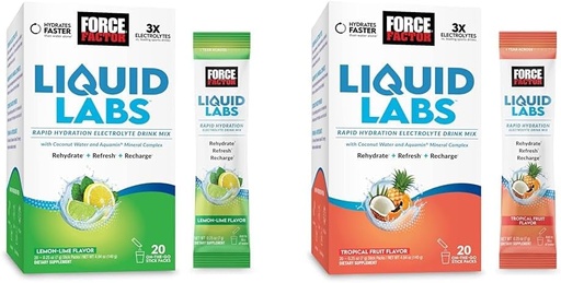 [BRSROGAQCINQMCT6] Bundle of FORCE FACTOR Liquid Labs Electrolytes Powder, Hydration Packets för att göra elektrolytvatten med vitaminer, mineraler och antioxidanter. Lemon-Lime smak + Tropisk frukt smak, 40 Stick Packs
