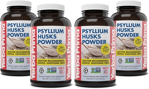 [BRSWGZQ5OJ7RAYDF] Yerba Prima Psyllium Husks Powder - 12 oz (Pack of 4) - Natural Fiber Supplement - Colon Cleanse - Gut Health - Vegan, Non-GMO, Gluten-Free (New Label - Packaging May Vary)
