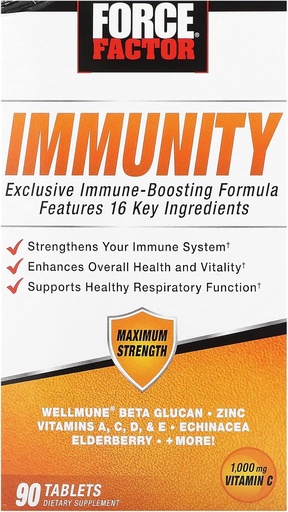 [BRSWY2QHA4AQEYAV] FORCE FACTOR Immunitet, Immunstøtte Booster med eldrebær og 1000 mg vitamin C, Plus vitamin D, sink, probiotika, Quercetin, antioksidanter og Echinacea for immunhelseforsvar, 90 tabletter