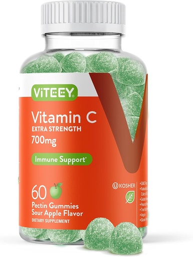 [BRSRMZAFCEFBSCI3] Viteey Chewable Vitamin C Gummies for Adults - 700mg Extra Strength Immune Support Supplement - Vegan, Gluten Free - 60 Count