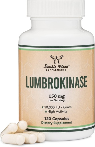 [BRSRMZICBMNRSCY6] Lumbrokinase Enzymes Supplement - 120 Capsules (Max Activity 10,000 FU/Gram) 150mg per Serving (No Fillers, Non-GMO, Gluten Free) for Cardiovascular and Blood Circulation Support by Double Wood