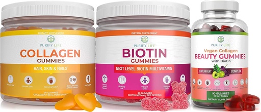 [BRSW2BL7OUCRA2TB] Purify Life Marine Collagen, Biotin, & Vegan Collagen Bundle, Gummies for Hair Skin and Nails (Bulk - 90 Chews), Joint Care Vitamin, Immune Support, Beauty, Detox & Cleanse, Replace Capsules, Pills