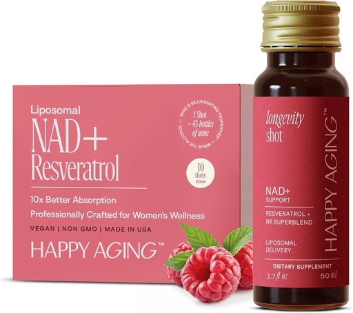 [BRSRAGL2DIIAAGTV] Happy Aging Liquid NAD+ Supplement for Women | Liposomal Nicotinamide Riboside & Resveratrol Shots for Energy, Skin Health & Brain Fog | NMN Alternative with Antioxidants | 10 Shots, 30-Day Supply