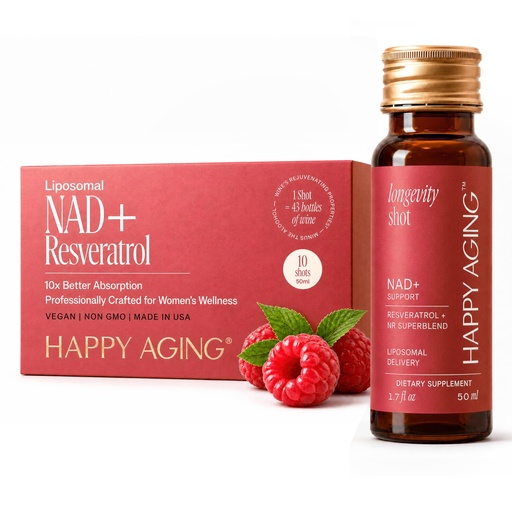 [BRSRAGL2DIIAAGTV] Happy Aging Liquid NAD+ Supplement for Women | Liposomal Nicotinamide Riboside & Resveratrol Shots for Energy, Skin Health & Brain Fog | NMN Alternative with Antioxidants | 10 Shots, 30-Day Supply