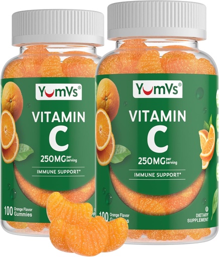 [BRSRMHQZPIJRMALG] Pastilhas de vitamina C YumVs para adultos - 250 mg de goma de vitamina C sabor laranja - pastilhas de vitamina C mastigáveis para adultos - Suplemento de suporte imunológico - Kosher, Halal, Gluten Free (200 Count), 2 Pack