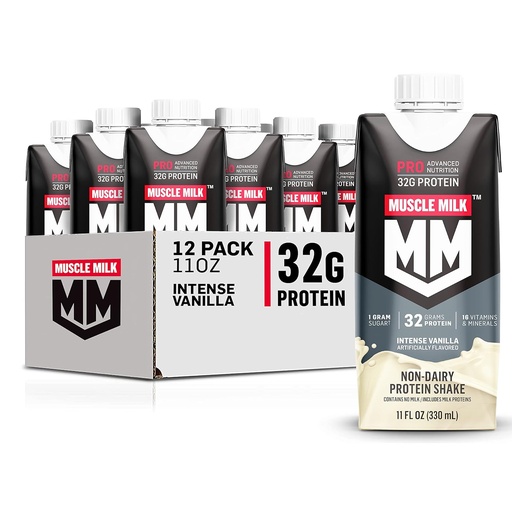 [BRSWECQTCQHGEFLU] Muscle Milk Pro Advanced Nutrition Protein Shake, Intense Vanilla, 11 Fl Oz Carton, 12 Pack, 32g Protein, 1g Sugar, 16 Vitamins & Minerals, 5g Fiber, Workout Recovery, Packaging May Vary