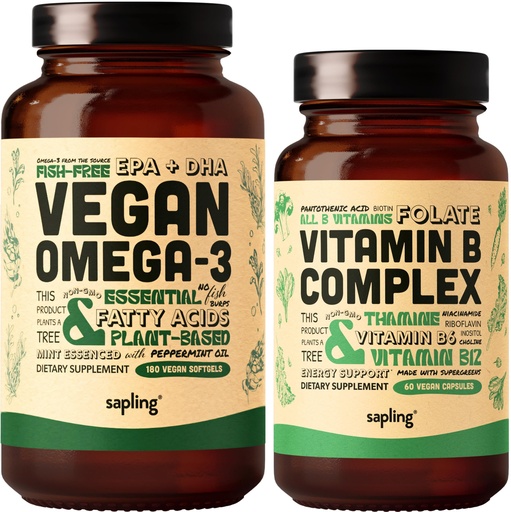 [BRSROBQDAADWE2Y6] Vegan Omega 3 180 Softgels & Vegan Vitamin B Complex Bundle - Plant-Based DHA & EPA Fatty Acids, Essential B Vitamins with Whole Food Blend, B1, B2, B3, B5, B6, B7, Folate