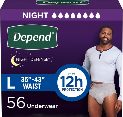 [BRSRMHQOCB4GYG3A] Depend Night Defense Adult Diapers, Incontinence Underwear för Män, Disposable, Overnight, Large, Grey, 56 Count (4 Packs of 14), Packaging May Vary