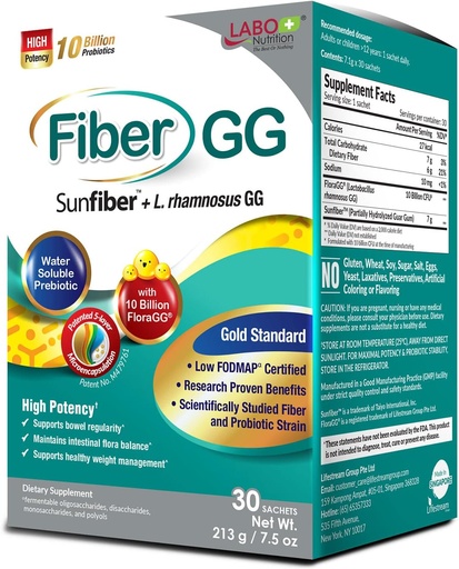 [BRSRMYI3O4NROALP] LABO Nutrition FiberGG, Lactobacillus Rhamnosus GG 10 Billion CFU Active Probiotics and 7g Sunfiber Prebiotic Fiber Supplement, Support Healthy Intestinal, Immune Health, Gluten Free, 30 Sachets