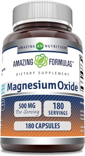 [BRSRMAQ7AEMQGFY6] Incredibile Formulas Magnesium Oxide Supplemento | 500 Mg Per Serving | 180 capsule | Non-GMO | Gluten-Free | Made in USA