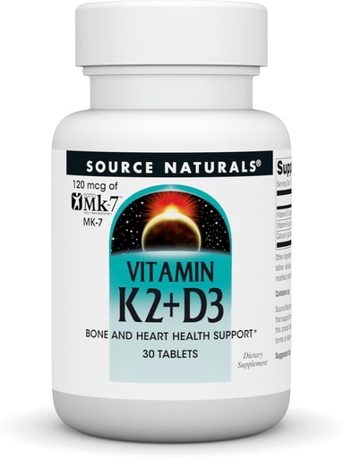 [BRSWIYQFA55B2G3C] Source Naturals Vitamin K2 + D3 Bone & Heart Health Complex - with Vitamin D3, Vitamin K2 (MK-7) and Calcium - 30 Tablets
