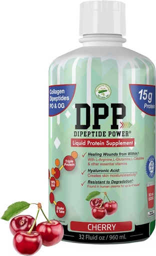 [BRSWYGQ3PMBQEEL7] DPP Dipeptide Power, Wound-Healing, 30X More Collagen Dipeptides Than Powder, Liquid Protein Supplement, Sugar-Free, Supports Healthy Tissue Repair, Foot Ulcers, Cosmetic Surgery (Cherry, 32 Fl Oz)