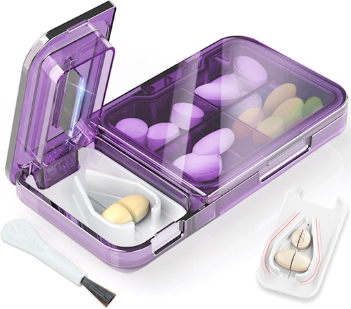 [BRSRAGIBAR5RACTF] Splitter pour petites ou petites pilules. 2-en-1 Pill Box & Pill Splitter - Grande Capacité 4 Compartiments Pill Organizer - Détachement antidérapant amovible en V-Shaped Pad. Envelopper-Around Blade Guard (Purple)