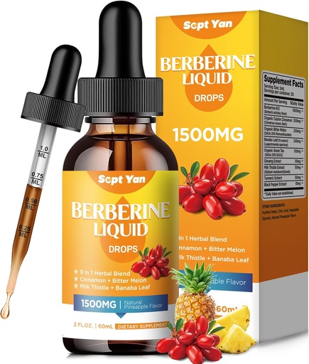 [BRSROBL4OYPWCYDK] Berberine Supplement Liquid Drops- Berberine 1500mg with Ceylon Cinnamon, Bitter Melon, Banaba Leaf, Turmeric for Immune, Digestion System, Heart Support, Natural Pineapple Flavor, 2 Fl Oz