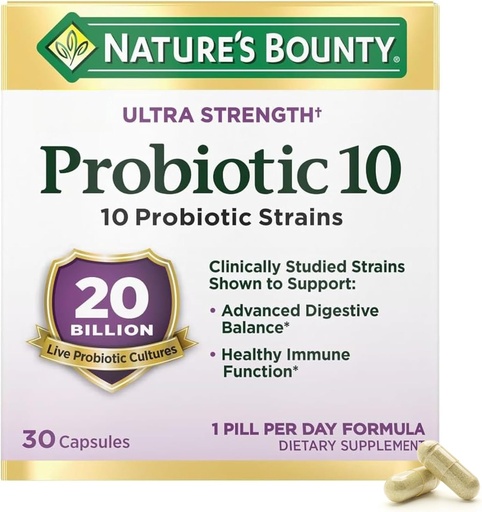 [BRSWYFI3OJ5RA3LZ] Nature's Bounty Probiotic 10 Daily Probiotic Supplement for Digestive, Immune, and Upper Respiratory Support, Ultra Strength, 30 Capsules 1 Pack