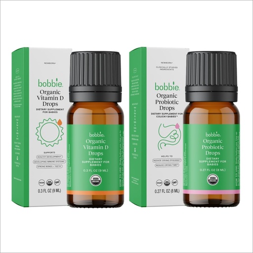 [BRSRAGQLOJYAGYIV] Bobbie Organic Baby Vitamin D og Probiotic Drops Bundle, daglige flytende kosttilskudd for immune, tenner, bein og digestiv helse støtte i nyfødte babyer og spedbarn, vegansk, spedbarnsvennlig formel