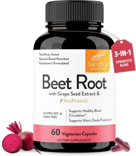 [BRSRMBDRDMOR6H37] Sandhu's Beet Root Powder Capsules with Bioperine| Beetroot with Black Pepper & Grape Seed Extract| 60 Capsules, 30 Days Supply| Made in The USA