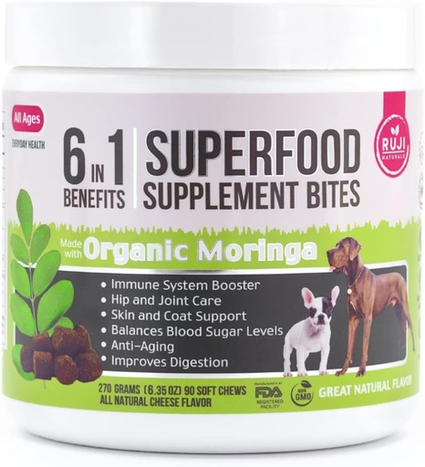 [BRSWGA37AABAODY6] 6 in 1 Superfood Dog Supplement with Organic Moringa | Treats for Immune System and Overall Health | Pets All Natural Multivitamins - 90 Chews