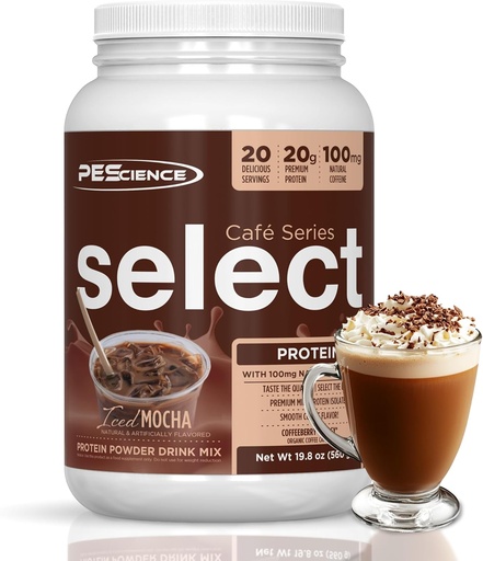 [BRSWKGICCJYRCAD2] PEScience Select Cafe Protein coffee Flavored Powder, Iced Mocha, 100mg Caffeine, 20g Iced Protein coffee Powder or Creamer, 20 Servings