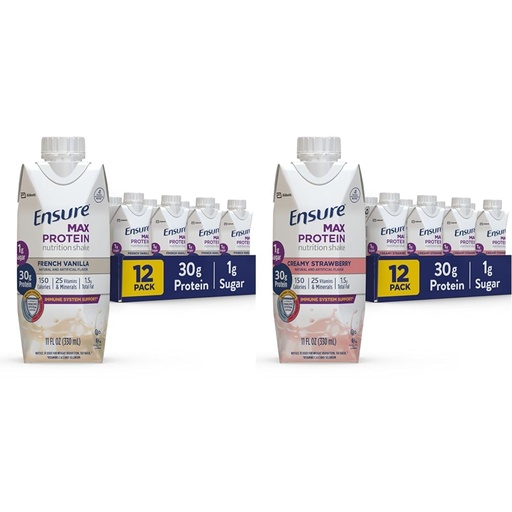 [BRSROAINOQBB63A2] Ensure Max Protein Nutrition Shake with 30g of Protein & Max Protein Nutrition Shake with 30g of Protein, 1g of Sugar, High Protein Shake, Creamy Strawberry, 11 fl oz, (Pack of 12)
