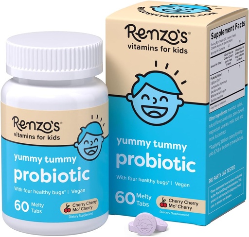 [BRSWY233BUOQI3IY] Renzo's Kids Probiotic, Dissolvable Probiotics for Digestive Health & Immune Support, 60 Cherry-Flavored Melty Tabs