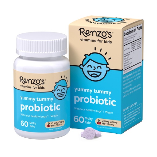 [BRSWY233BUOQI3IY] Renzo's Kids Probiotic, Dissolvable Probiotics for Digestive Health & Immune Support, 60 Cherry-Flavored Melty Tabs