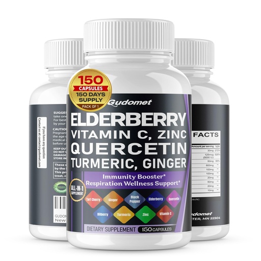 [BRSRAZA7O55AG3I6] Elderberry Quercetin Bilberry Turmeric Tart Cherry Ginger Vitamin C Vitamin D3 Zinc Black Pepper -150 Capsules