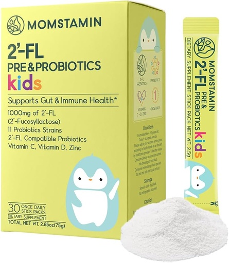 [BRSW2YD3OF4AEHTJ] MOMSTAMIN 2'-FL Pre & Probiotics for Kids(4+) : Gut Health | Immune Support | Digestive Supplement Enhance Cognitive Ability & Sleep Quality Vitamin C, D Zinc/Yogurt Flavored 30 Sticks - Daily