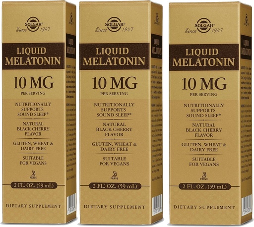 [BRSWKELRCR5B62T4] Solgar Liquid Melatonin 10 mg, Natural Black Cherry Flavor - 2 fl oz, Pack of 3 - Great for Jet Lag - Vegan, Gluten Free - 177 Total Servings