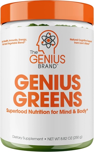 [BRSWYFALCMMBSELV] The Genius Brand Genius Greens - Greens Powder for Healthy Mind & Immunity Support - Organic Vegetables, Blueberries & Lion's Mane - Convenient Drink Mix - Pleasant Taste - 20 Servings