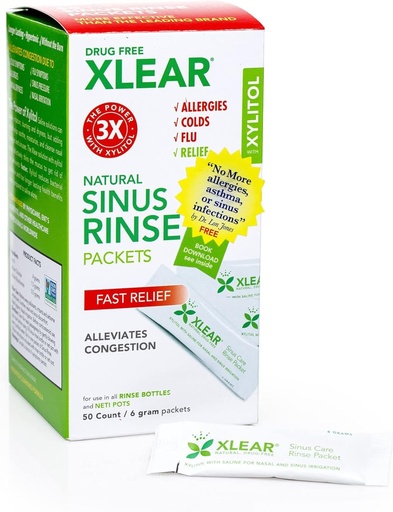 [BRSWGZADB5YAMCD4] Xlear Natural Xylitol Sinus Rinse Refill, Neti Pot Saline Packets - Nose Cleaner for Fast Pressure and Congestion Relief, Works with Most Nasal Irrigation Systems, 50 Count (Pack of 1)