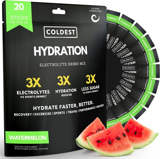 [BRSRMAQ2OUFWAEL5] Coldest Hydration - Electrolytes Powder Packets - Non GMO & No Artificial Sugar - Electrolyte Drink Mix - Easy Open Single-Serving Stick Drop in Water - 20 Sticks per Pack (Watermelon)