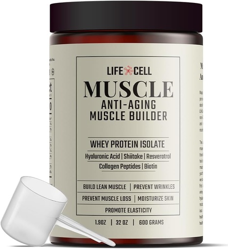[BRSRAYDRCUPWMGQU] LifeCell Whey Protein – Anti-Aging Muscle Builder with Shiitake Mushroom, Collagen & Hyaluronic Acid – Unflavored, No Sugar Added, Soy-Free, Gluten-Free, 600g (18 Servings)