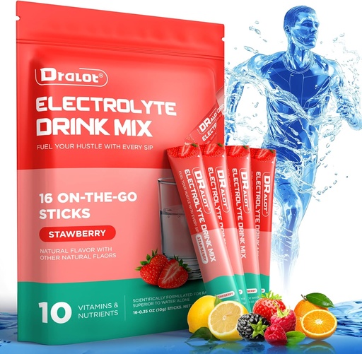 [BRSRA2QFPMMB6DTF] Sugar Free Electrolytes Powder with Natural Flavors, 3X Rapid Hydration Packets with 10 Electrolyte & Vitamins, Liquid Daily IV, Non-GMO, Gluten-Free, Keto, Vegan, 16 Sticks, Strawberry