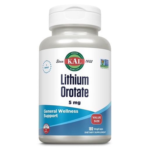 [BRSRMAIEDJYGAYLB] KAL Lithium Orotate 5mg, Low Dose Lithium Supplement for General Wellness Mood Support, Highly Bioavailable, Vegan, 60-Day Guarantee, 180 Servings, 180 VegCaps