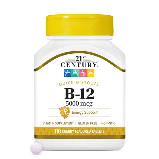 [BRSWIYY3BV6BWDT6] 21st Century Vitamin B12 5000 mcg Supplement, (110 Count), Cherry Flavored Sublingual Tablets, Quick Dissolving Formula, Gluten-Free & Non-GMO, No Added Yeast, Artificial Flavors, or Colors