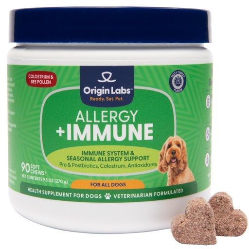 [BRSROGABOECGCCDF] Origin Labs Allergy and Immune Support Supplement, Omega 3 Fish Oil, Bee Pollen, Colostrum, Probiotics, Prebiotics for Gut Health, Skin and Coat Health, Antioxidants, Turkey Flavor, 90 Soft Chews