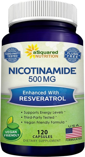 [BRSWGAYNOUIBSAY3] aSquared Nutrition Nicotinamide with Resveratrol - 120 Veggie Capsules - Vitamin B3 500mg (Niacinamide Flush Free) - Supplement Pills to Support NAD, Skin Cell Health & Energy